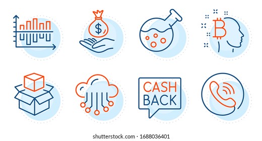 Cloud storage, Packing boxes and Call center signs. Income money, Diagram chart and Chemistry lab line icons set. Money transfer, Bitcoin think symbols. Savings, Presentation graph. Vector