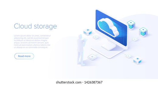 Cloud Storage And Pc Download In Isometric Vector Design. Computer Service Or App With Data Transfering. Online Computing Technology. Abstract Server Network Connection.