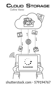 Cloud Storage . Person use tablet to download more file from cloud server . outline style . flat design .