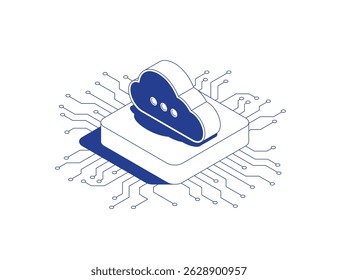 Cloud storage platform with circuit board tracks below showing data transmission for digital services in futuristic isometric line contour vector illustration.