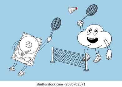 Cloud storage playing badminton with hard drive.