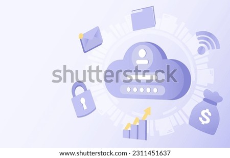 Cloud storage and protect personal detail concept. Online internet storage, access to account, database server. Flat vector design illustration with copy space.