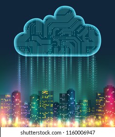 Cloud storage realistic composition with digital elements and bright lights on the city vector illustration