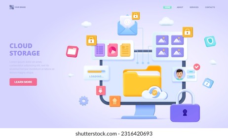 Cloud storage, remote data, personal files security, cloud technology, data protection. 3d design concept for landing page. Three dimensional vector illustration.
