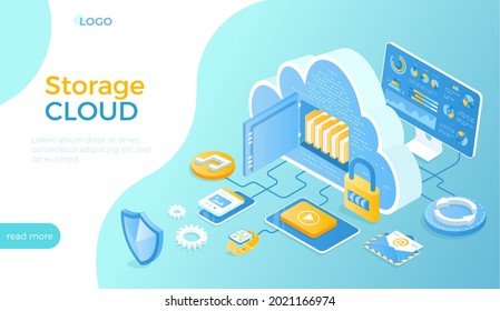 Cloud Storage. Remote Data Storage Service. Hosting Provider, Data Backup, Cloud Computing. Big Cloud With Connected Computer, Phone, Tablet, Smart Watch. Isometric Vector Illustration For Website.