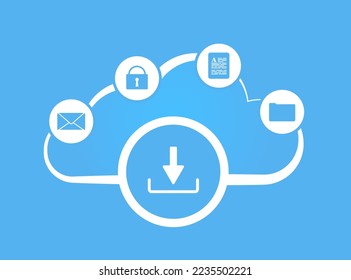 Cloud storage - remote online secure cloud backup service for electronic mail, data files and folder. Cloud computing storage technology concept. Vector illustration on blue background with icons
