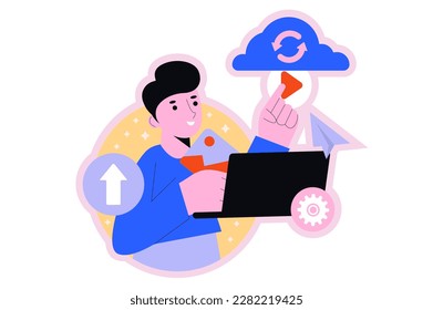 Cloud storage round concept with people scene in the flat cartoon style. Man up load different important information to cloud storage. Vector illustration.