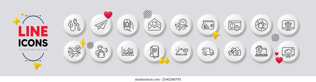 Almacenamiento en la nube, archivo de Búsqueda e íconos de línea del App de equipaje. Iconos 3d de Botones blancos. Paquete de chinches, fecha límite del proyecto, icono de avión de papel. Vuelo confirmado, cable de carga, pictograma de trabajo en casa. Vector