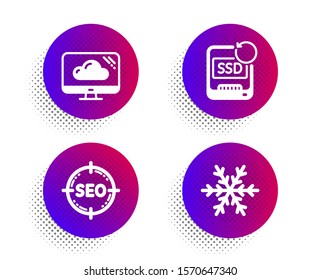 Cloud storage, Seo and Recovery ssd icons simple set. Halftone dots button. Air conditioning sign. Computer, Search target, Backup info. Snowflake. Technology set. Vector