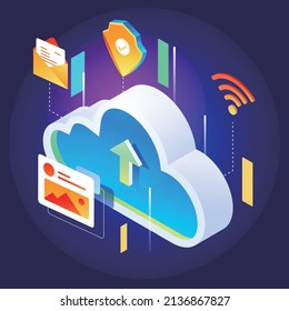 Cloud storage service, computer network security with a cloud on the computer, vector illustration