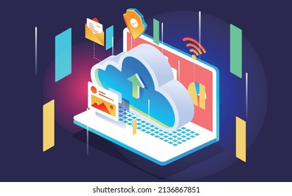 Cloud storage service, computer network security with a cloud on the computer, vector illustration