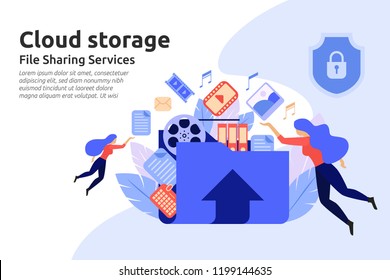 Cloud storage service. File sharing center service. multimedia drive symbol. Vector illustration
