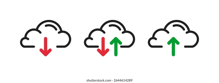 conjunto de ícones de serviço de armazenamento em nuvem, pictograma de hospedagem online, upload download nuvens seta vermelha verde