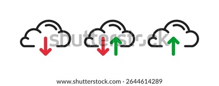 cloud storage service icon set, online hosting pictogram, upload download clouds green red arrow