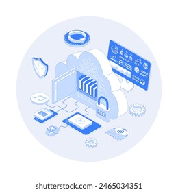 Cloud Storage Service. Internet hosting provider, Data backup, Cloud computing. Big cloud as a safe for files, protected and secure. Vector outline illustration with isometry scene for web graphic