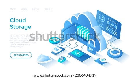 Cloud Storage Service. Internet hosting provider, Data backup, Cloud computing. Big cloud as a safe for files. Isometric illustration. Landing page template for web on white background.	
