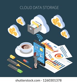 Cloud storage service isometric composition with saving of working information on dark background vector illustration