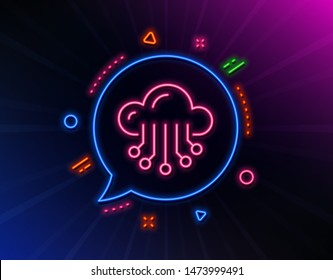 Cloud storage service line icon. Neon laser lights. Big data sign. Glow laser speech bubble. Neon lights chat bubble. Banner badge with cloud storage icon. Vector