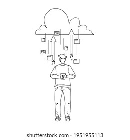 Cloud Storage Service Para Guardar Información Vector De Dibujo De Lápiz De Línea Negra. Tecnología Móvil De Almacenamiento En La Nube Para Almacenar Archivos De Fotografía Y Video Media, Documentos Electrónicos Y Mensajes. Ilustración