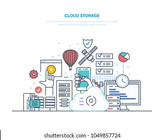 Cloud storage service. Security of data storage device. Internet media server, web hosting, cloud technology. Data protection, database security, online server. Illustration thin line design.
