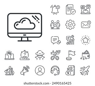 Cloud storage service sign. Salaryman, gender equality and alert bell outline icons. Computer line icon. Monitor symbol. Cloud storage line sign. Spy or profile placeholder icon. Vector