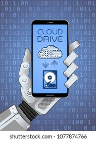 Cloud Storage Service Via Mobile App. Mechanical hand of a robot holding smartphone showing mobile app of a digital cloud service. Illustration on the subject of 'Digital Technology'.