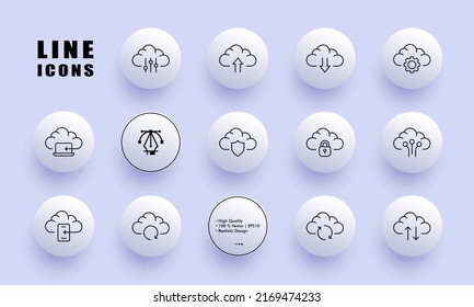 Cloud storage set icon. Upload and download button, setup, gear, sync, backup, shield, password. Online concept. Neomorphism style. Vector line icon for Business and Advertising