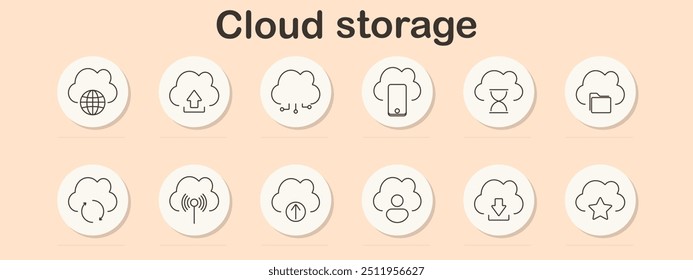 Icono de conjunto de almacenamiento en la nube. Cargar, Descarga, sincronización, uso compartido de archivos, transferencia de datos, seguridad, acceso móvil, red global, copia de seguridad, administración de tiempo, administración de archivos, conexión inalámbrica