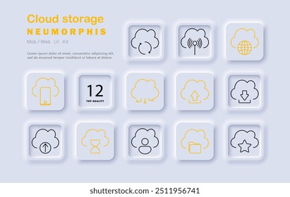 Icono de conjunto de almacenamiento en la nube. Nube, Cargar, Descarga, móvil, transferencia de datos, sincronización, internet, almacenamiento, red, tecnología, usuario, estilo neomórfico, digital