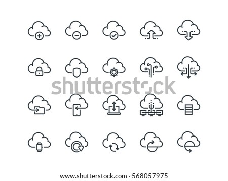 Cloud storage. Set of outline vector icons. Includes such as Data Synchronization, Transfer, Access and other.