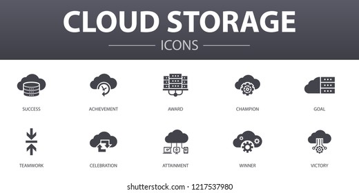 Cloud storage simple concept icons set. Contains such icons as Cloud Backup, data center, Hybrid Storage, Data Compression and more, can be used for web, logo, UI/UX