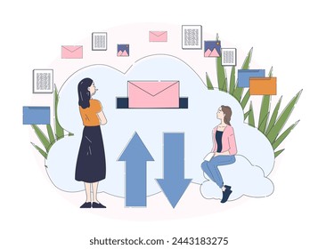 Almacenamiento en la nube simple. Transferencias de archivos y documentos. Intercambio de información en Internet. Mujeres enviando mensajes. Doodle ilustración vectorial plana aislada sobre fondo blanco
