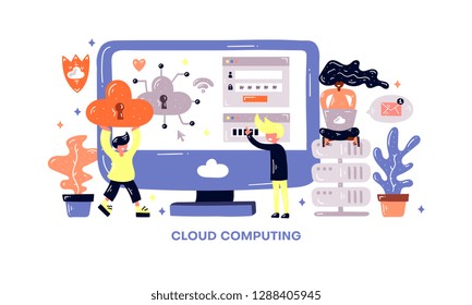 Cloud storage. Small people work with data. Flat illustration. Security service