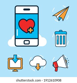 almacenamiento en la nube e icono de medios sociales sobre fondo azul, estilo de línea y relleno, ilustración vectorial