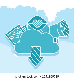 cloud storage with social media over blue background, half line half color style, vector illustration