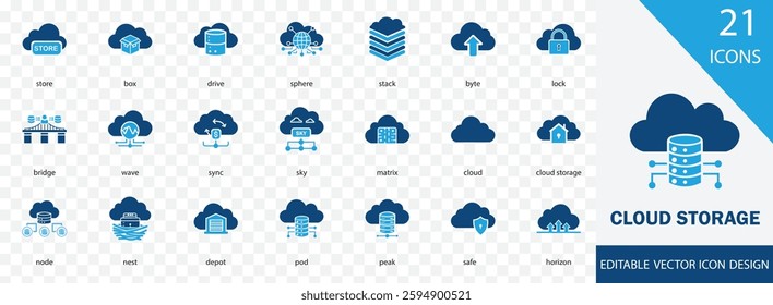 Cloud Storage solid icon set. containing  Sync, Box, Safe, Store, Node, Byte,  Peak and more vector illustration. 