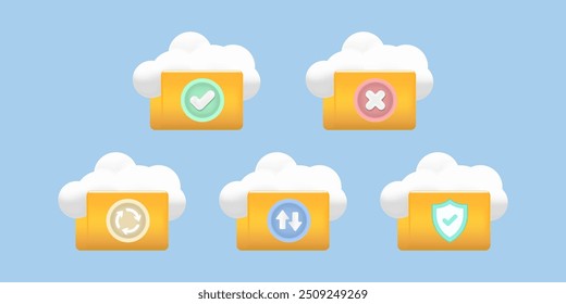 Soluções de armazenamento em nuvem: carregar, baixar e sincronizar com ilustrações de vetor 3D para transferência de dados e computação de borda. Vetor.