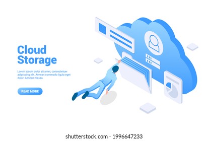 Cloud storage space concept. Corporate file access, personal account, secure data storage. Vector illustration in isometric style. Isolated on white background.