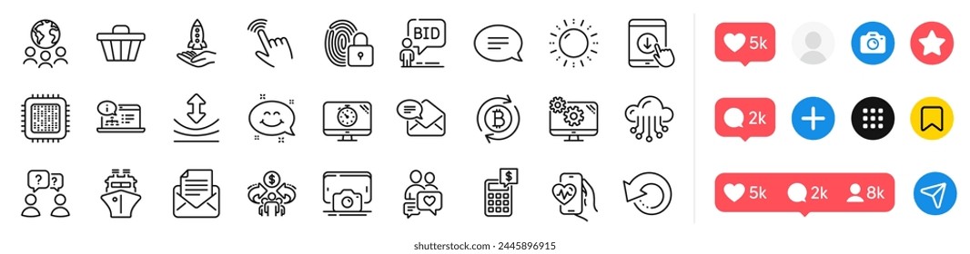 Cloud storage, Sun energy and Calculator line icons pack. Social media icons. Crowdfunding, Cardio training, Sharing economy web icon. Global business, Scroll down, Auction pictogram. Vector