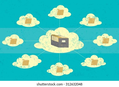 Cloud storage with a symbolic filing cabinet and file folders.The storage clouds are on a separate labeled layer from the background.