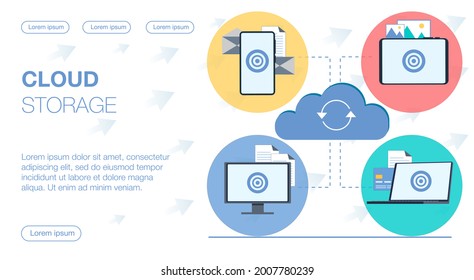 cloud storage synchronizes data from different devices tablet laptop phone smartphone computer where the documents are stored files letters cards vector flat illustration