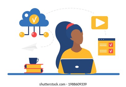 Cloud-Speichersystem für geschäftliche Fernarbeit, Vektorgrafik. Cartoon Frauenfigur, die online mit Laptop arbeitet, am Tisch sitzend, Dateninformationsdateien über das Internet herunterladen und hochladen