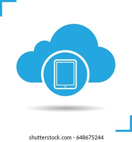 Cloud storage tablet computer icon. Drop shadow silhouette symbol. Cloud computing. Negative space. Vector isolated illustration