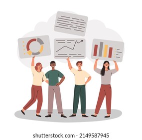 Cloud storage technologies concept. Smiling men and women keep folders with information in digital database for businesses or companies. Data storage and transmission. Cartoon flat vector illustration