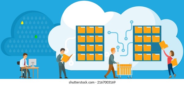 Cloud storage technology concept. People stacking folders with information to online storage cell. Memory drive equipment, hardware. Remote servers in use of clients. Computer file storage system