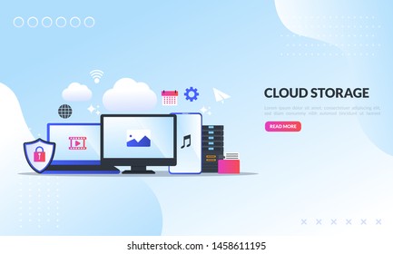 Cloud storage technology concept, Secure data upload and download, Hosting network service or online database storage system, flat icon,suitable for web landing page, banner, vector template