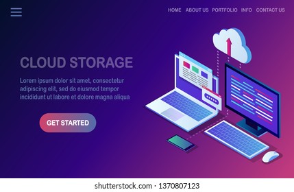 Cloud storage technology. Data backup. 3d isometric laptop, computer, pc with mobile phone isolated on background. Hosting service for website. Vector design for banner
