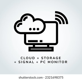 icono de tecnología de almacenamiento en la nube. icono de contorno con color negro. la combinación de concepto entre nube, señal, pantalla pc y símbolo de almacenamiento. aislado en el fondo de gradiente gris. diseño cuadrado.