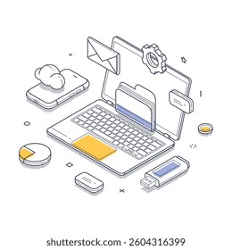 Cloud storage technology integrated with various digital devices. A laptop surrounded by a smartphone, cloud icon, files, and communication elements. Isometric line art vector illustration