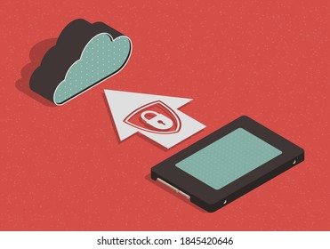 Cloud storage technology. Isometric backup concept. Data transfer process